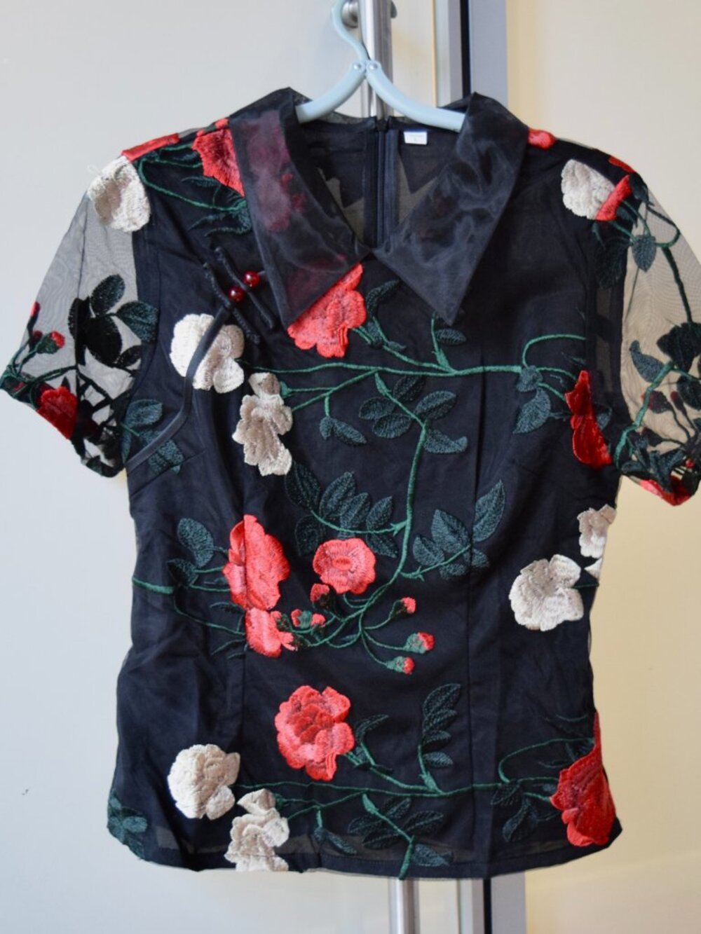 Black Mesh Rose Embroidered Qipao Blouse - Chinese Top